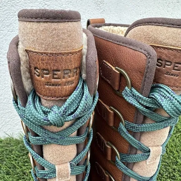 Sperry‎ Kittery Waterproof Tan Teal Pebbled Leather Mid-Calf Boots Women's 7.5