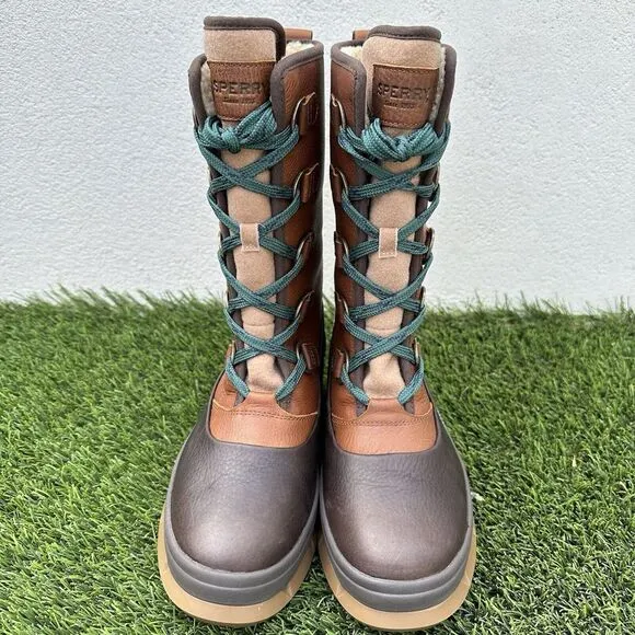 Sperry‎ Kittery Waterproof Tan Teal Pebbled Leather Mid-Calf Boots Women's 7.5