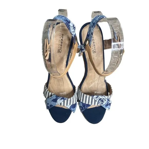 SPERRY TOP-SIDER WOMEN'S CORNFLOWER BLUE OPEN TOE JUTE WEDGE SANDALS SZ 9.5 NWOT