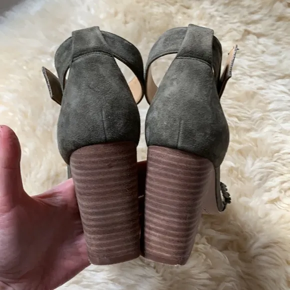 Splendid Green Olive Fringe Suede Leather Stacked Wood Heels Sandals Ankle 8