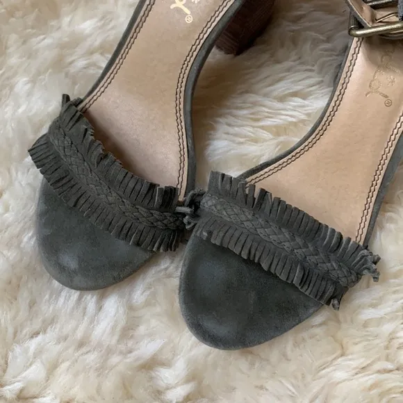 Splendid Green Olive Fringe Suede Leather Stacked Wood Heels Sandals Ankle 8