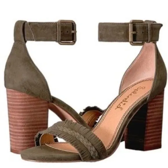 Splendid Green Olive Fringe Suede Leather Stacked Wood Heels Sandals Ankle 8