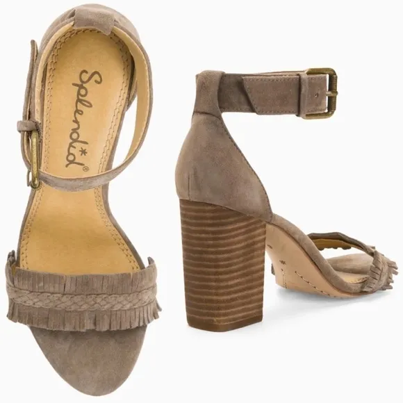 Splendid Green Olive Fringe Suede Leather Stacked Wood Heels Sandals Ankle 8