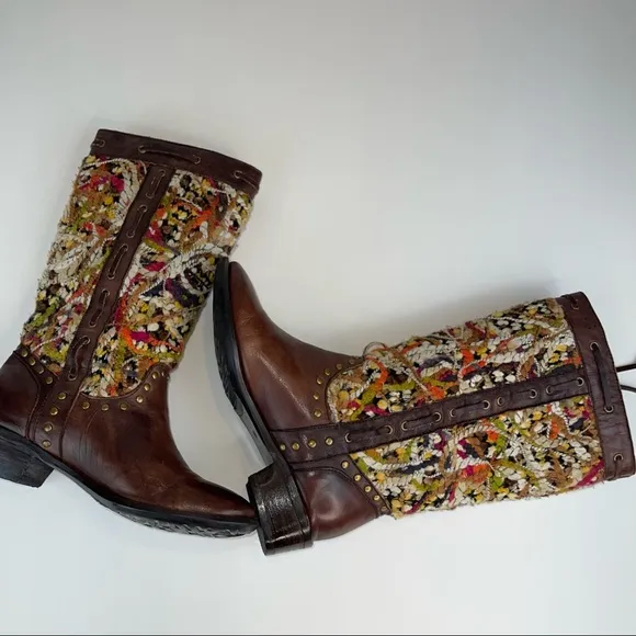 Spring Step Tapestry Woven Mid Calf Boho Western Boot Brown Leather