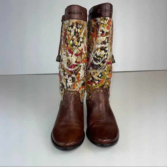 Spring Step Tapestry Woven Mid Calf Boho Western Boot Brown Leather