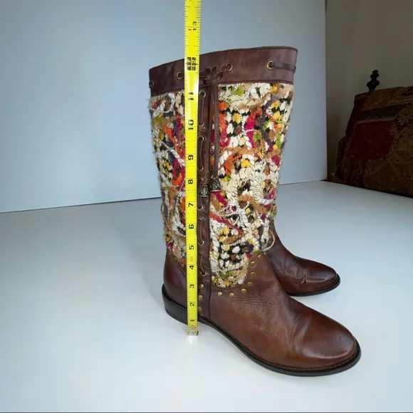 Spring Step Tapestry Woven Mid Calf Boho Western Boot Brown Leather