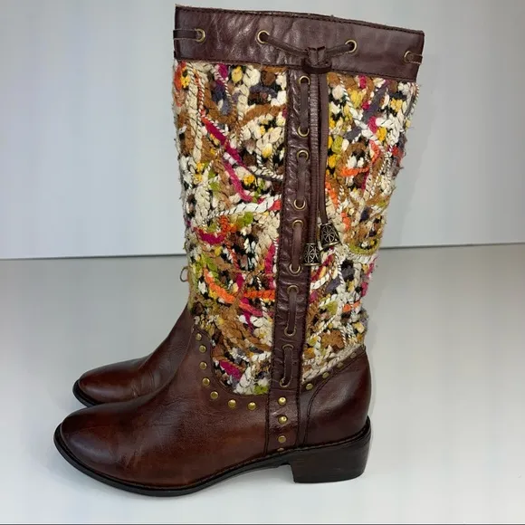 Spring Step Tapestry Woven Mid Calf Boho Western Boot Brown Leather