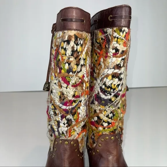 Spring Step Tapestry Woven Mid Calf Boho Western Boot Brown Leather