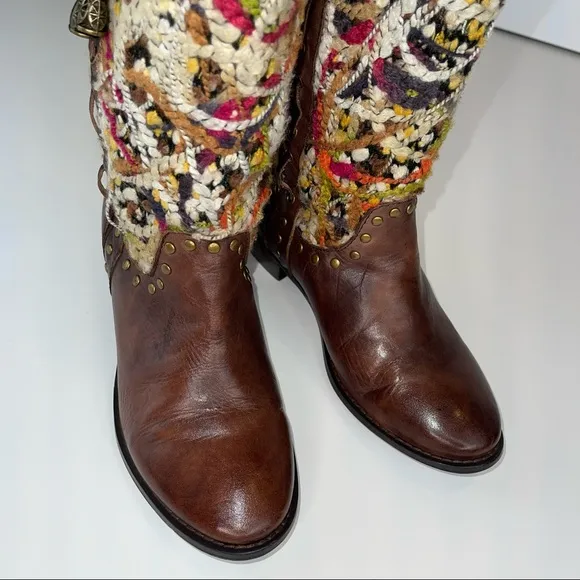 Spring Step Tapestry Woven Mid Calf Boho Western Boot Brown Leather