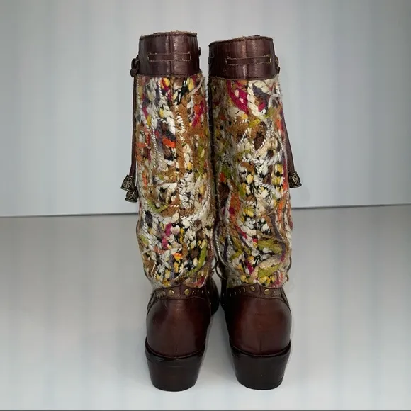 Spring Step Tapestry Woven Mid Calf Boho Western Boot Brown Leather