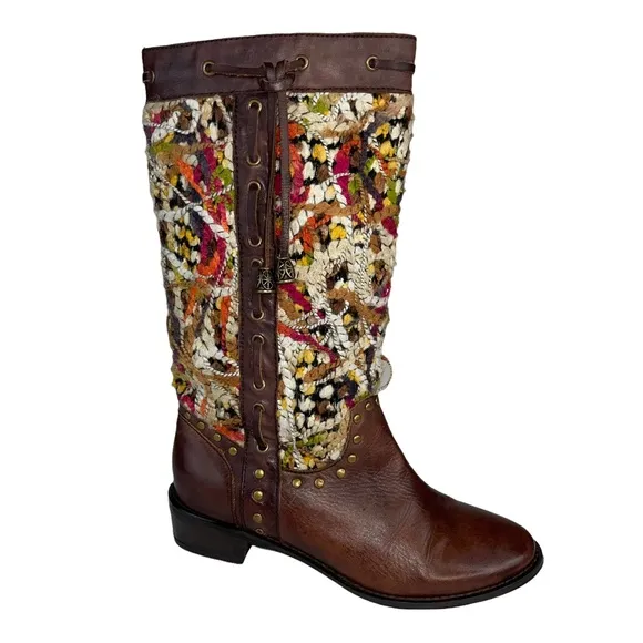 Spring Step Tapestry Woven Mid Calf Boho Western Boot Brown Leather