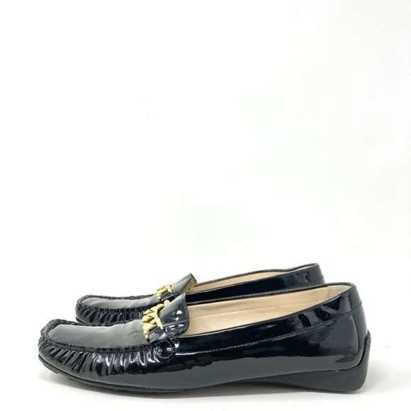 St John Pinch Pleat Patent Leather Driving Loafers w/ Gold Chain 8.5