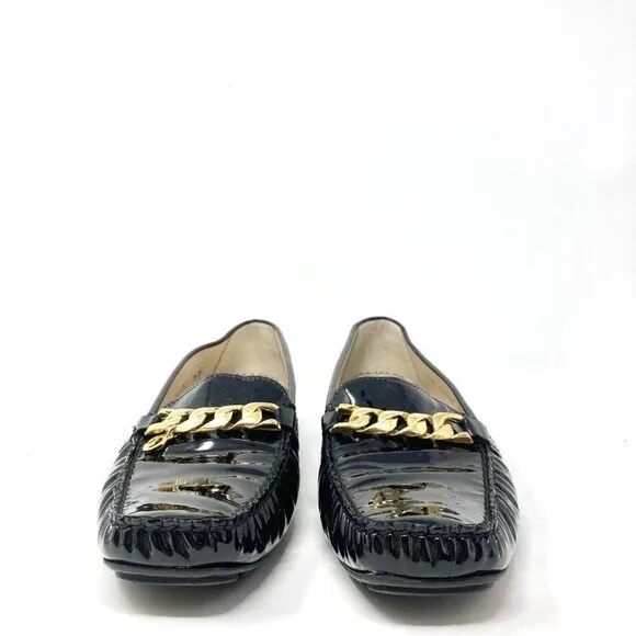 St John Pinch Pleat Patent Leather Driving Loafers w/ Gold Chain 8.5