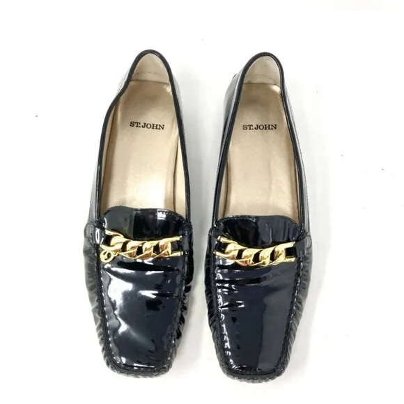 St John Pinch Pleat Patent Leather Driving Loafers w/ Gold Chain 8.5