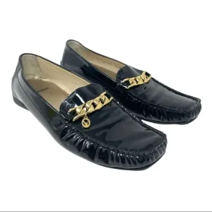 St John Pinch Pleat Patent Leather Driving Loafers w/ Gold Chain 8.5