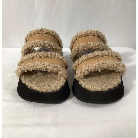 Staud Siesta Shearling Slide Sandals in Brown Leather