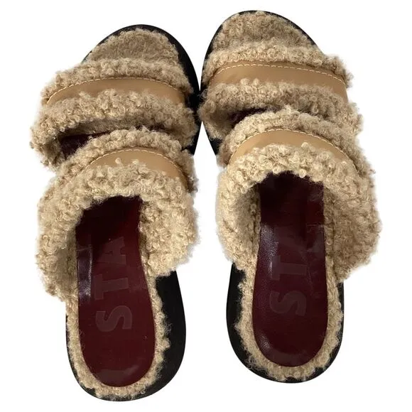 Staud Siesta Shearling Slide Sandals in Brown Leather