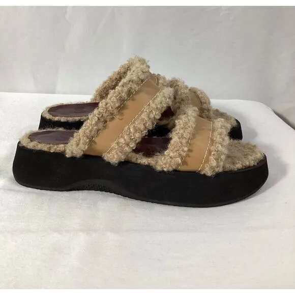 Staud Siesta Shearling Slide Sandals in Brown Leather