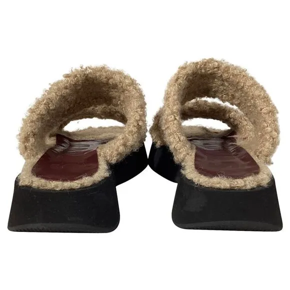 Staud Siesta Shearling Slide Sandals in Brown Leather