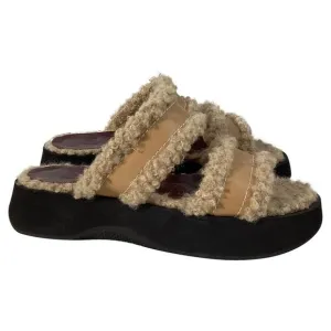 Staud Siesta Shearling Slide Sandals in Brown Leather