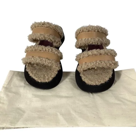 Staud Siesta Shearling Slide Sandals in Brown Leather