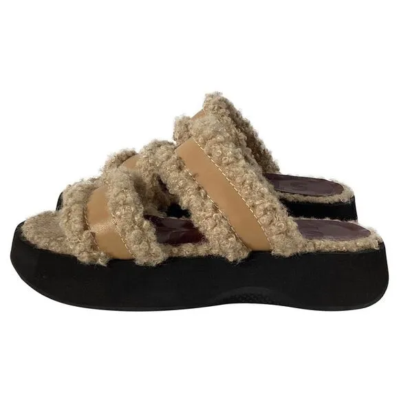 Staud Siesta Shearling Slide Sandals in Brown Leather
