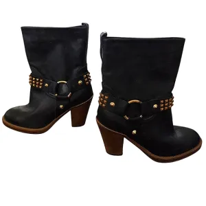 Steve Madden Black Leather Hammer Brass Stud Heeled Moto Boots NWT