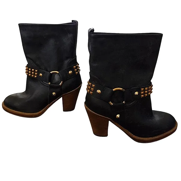 Steve Madden Black Leather Hammer Brass Stud Heeled Moto Boots NWT