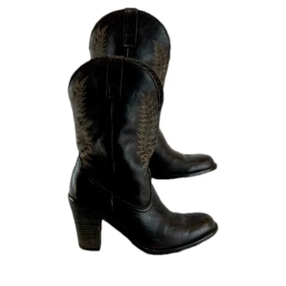 Steve Madden Frontier Brown Leather Mid-Calf Heeled Cowboy Boots