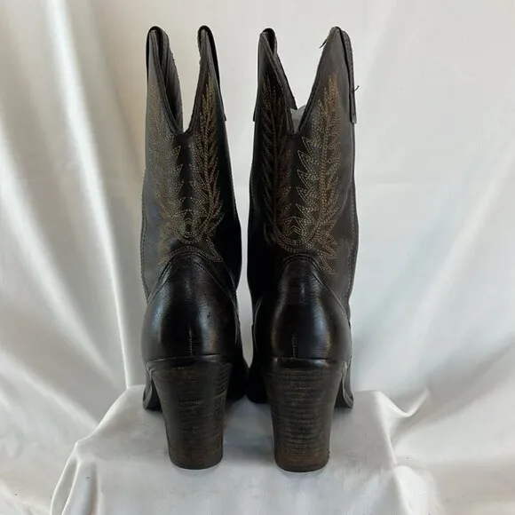 Steve Madden Frontier Brown Leather Mid-Calf Heeled Cowboy Boots