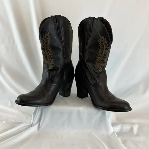 Steve Madden Frontier Brown Leather Mid-Calf Heeled Cowboy Boots