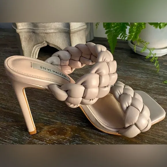 Steve Madden Kenley Taupe Braided Square Toe Dress Sandals High Heels Womens 8.5