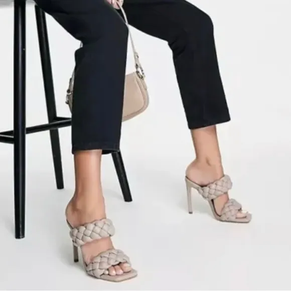 Steve Madden Kenley Taupe Braided Square Toe Dress Sandals High Heels Womens 8.5