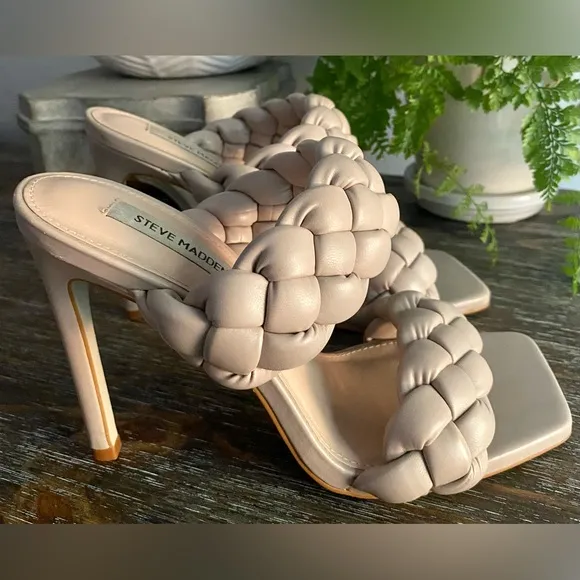 Steve Madden Kenley Taupe Braided Square Toe Dress Sandals High Heels Womens 8.5