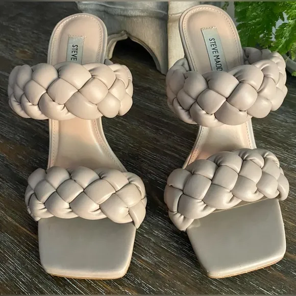 Steve Madden Kenley Taupe Braided Square Toe Dress Sandals High Heels Womens 8.5