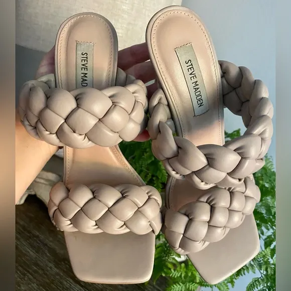 Steve Madden Kenley Taupe Braided Square Toe Dress Sandals High Heels Womens 8.5