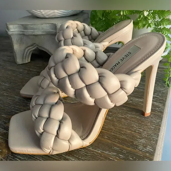 Steve Madden Kenley Taupe Braided Square Toe Dress Sandals High Heels Womens 8.5