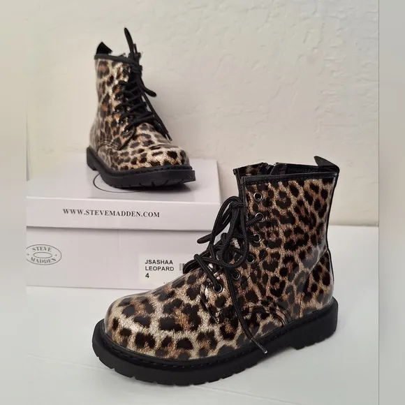 Steve Madden kids boots sparkly glitter leopard print zipper lace up combat NIB