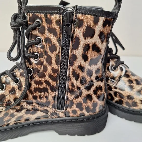 Steve Madden kids boots sparkly glitter leopard print zipper lace up combat NIB