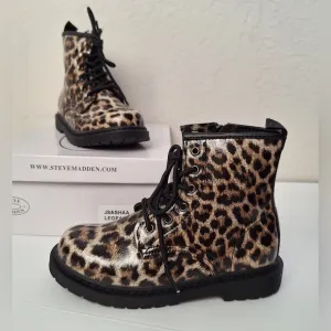 Steve Madden kids boots sparkly glitter leopard print zipper lace up combat NIB