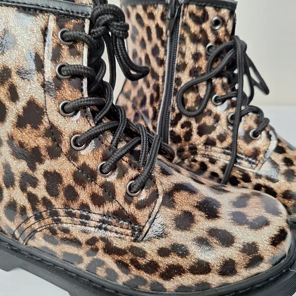 Steve Madden kids boots sparkly glitter leopard print zipper lace up combat NIB