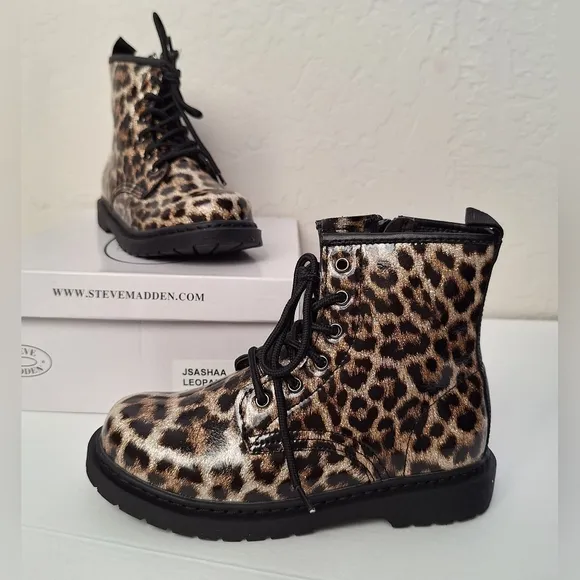 Steve Madden kids boots sparkly glitter leopard print zipper lace up combat NIB