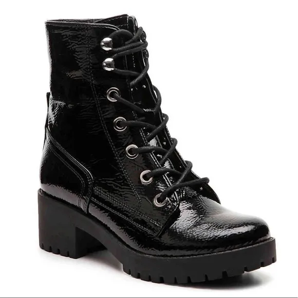 Steve Madden Patent Leather Chunky Platform Combat Moto Boots