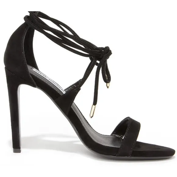 STEVE MADDEN PRESIDNT SUEDE  LEG WRAP STILETTOS BLACK HEELS SZ 8.5