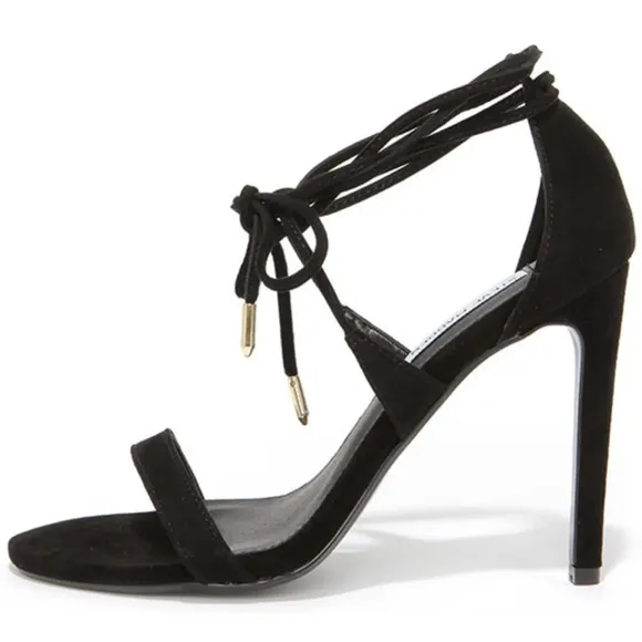 STEVE MADDEN PRESIDNT SUEDE  LEG WRAP STILETTOS BLACK HEELS SZ 8.5