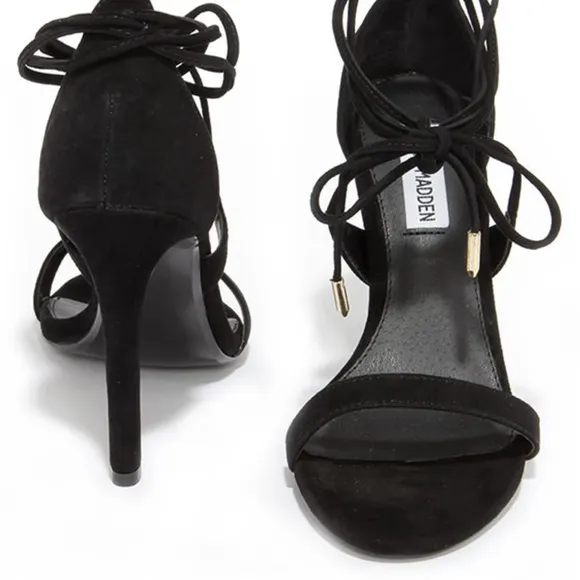STEVE MADDEN PRESIDNT SUEDE  LEG WRAP STILETTOS BLACK HEELS SZ 8.5