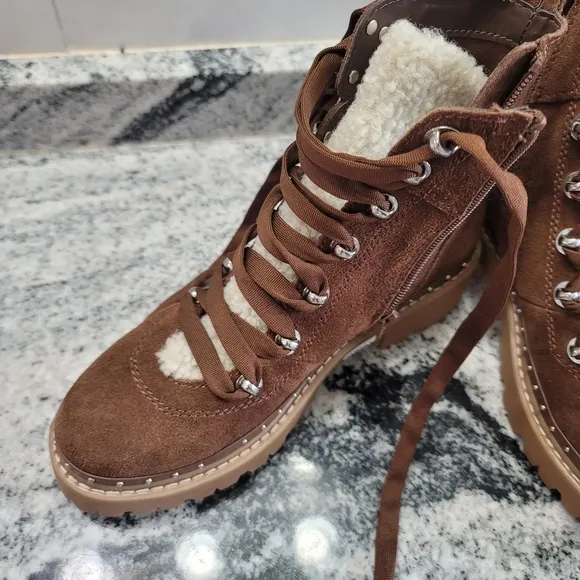 STEVE MADDEN RAINER LACE FRONT CHUNKY BOOTS IN SAND SUEDE