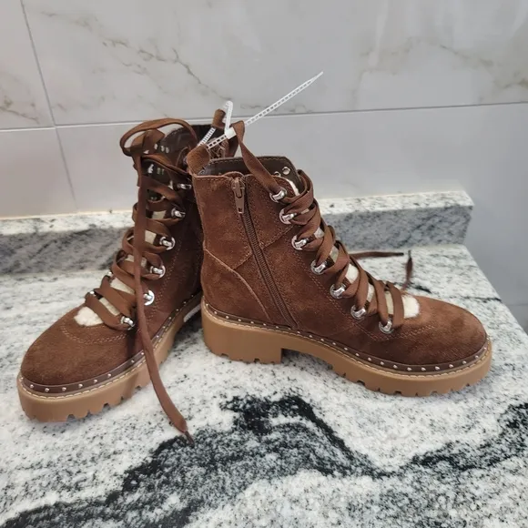 STEVE MADDEN RAINER LACE FRONT CHUNKY BOOTS IN SAND SUEDE