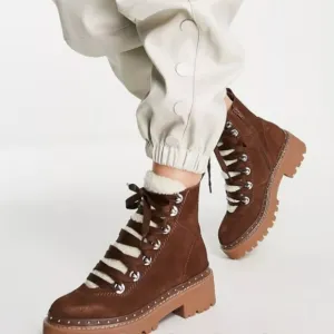 STEVE MADDEN RAINER LACE FRONT CHUNKY BOOTS IN SAND SUEDE