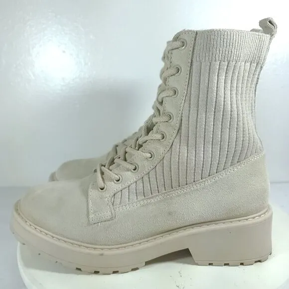 Steve Madden Sand Color Veeta Combat Boots Women's Size 10 M Leather Knit Chunky